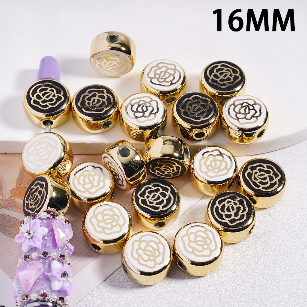 Camellia Flower Over Black and White Background, Gold Flat Round Shape Acrylic Beads 16MM, Random Mix