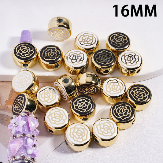 Camellia Flower Over Black and White Background, Gold Flat Round Shape Acrylic Beads 16MM, Random Mix
