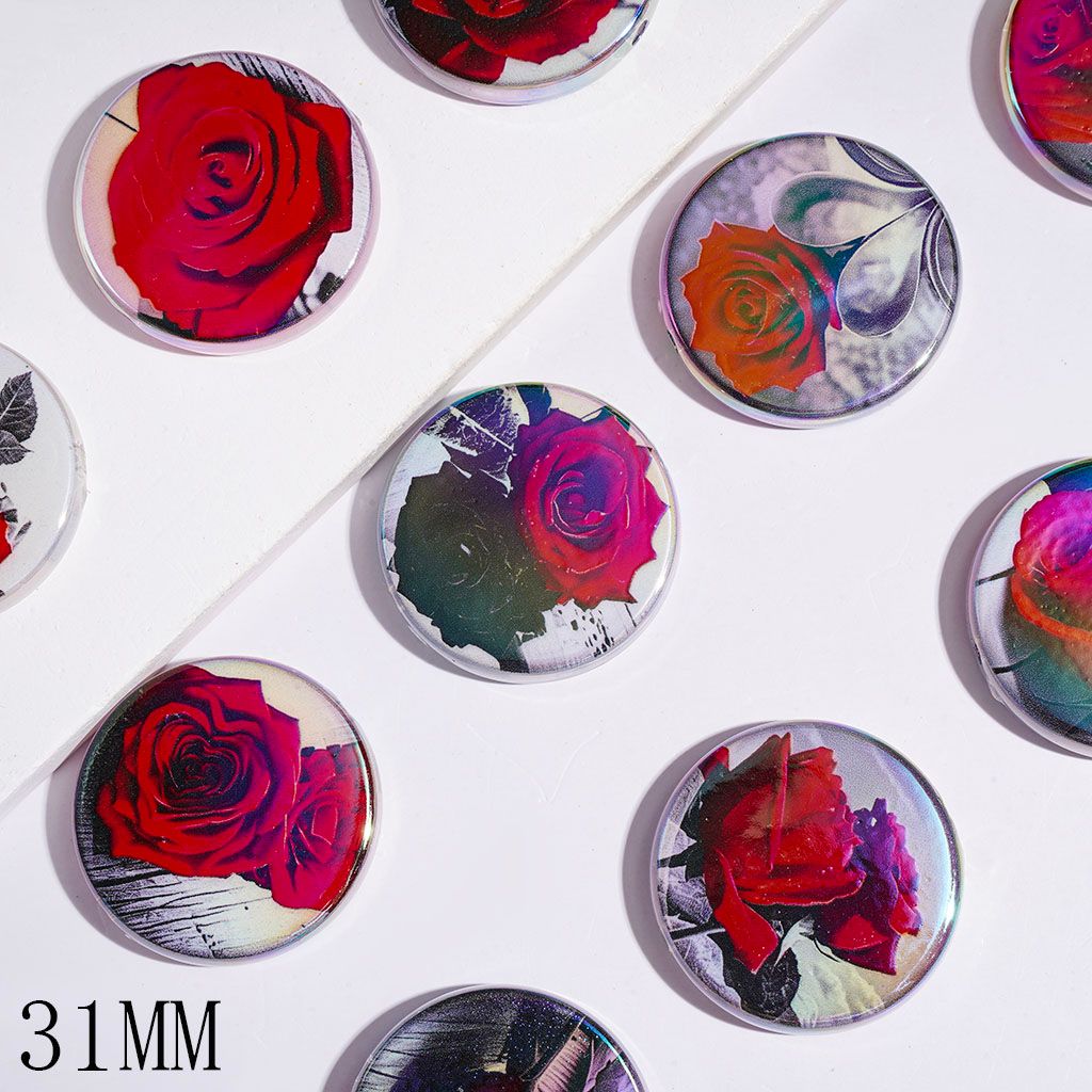 Red Rose Flower Prints UV-Coated Acrylic Beads, 31MM, Flat Round Shape, Random Mix