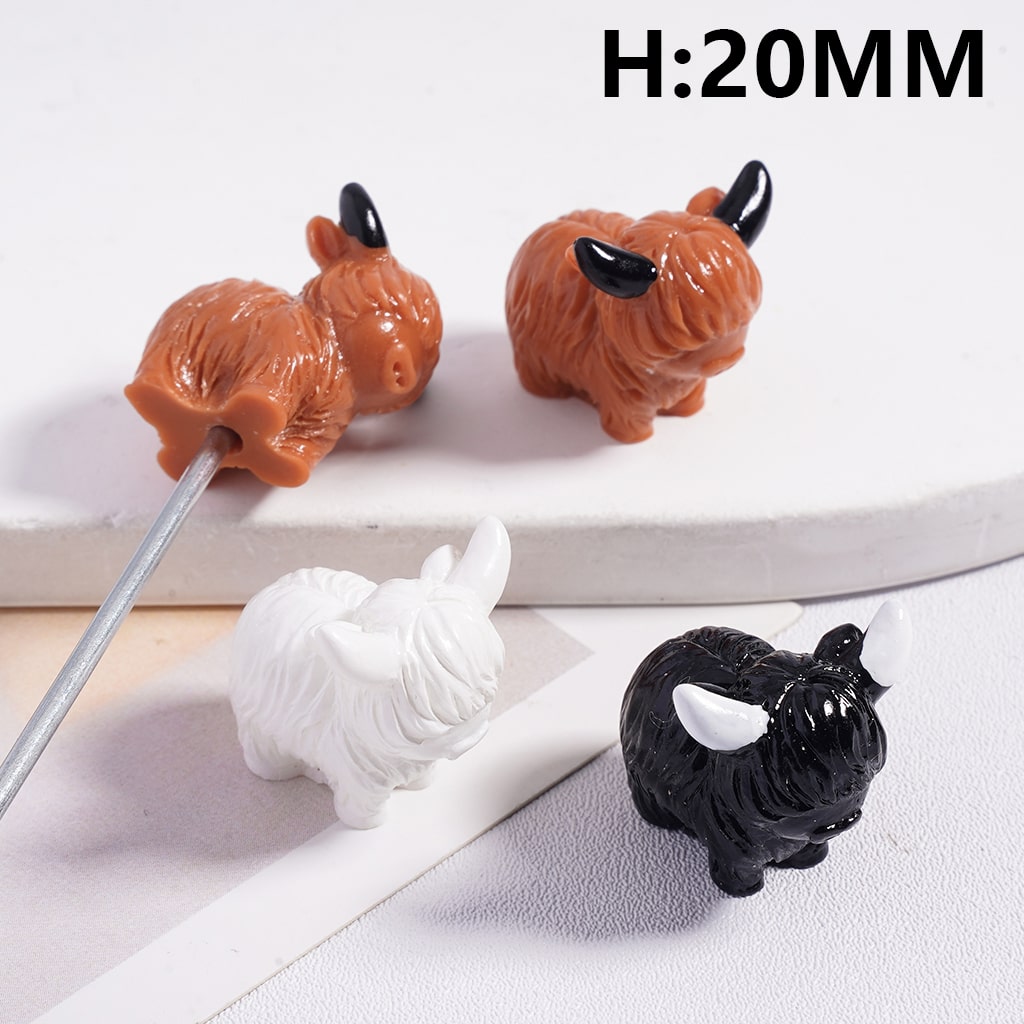 Cute Farm Animal White, Black & Brown Highland Cow Figurine Acrylic Beads for Pen Topper 20mm