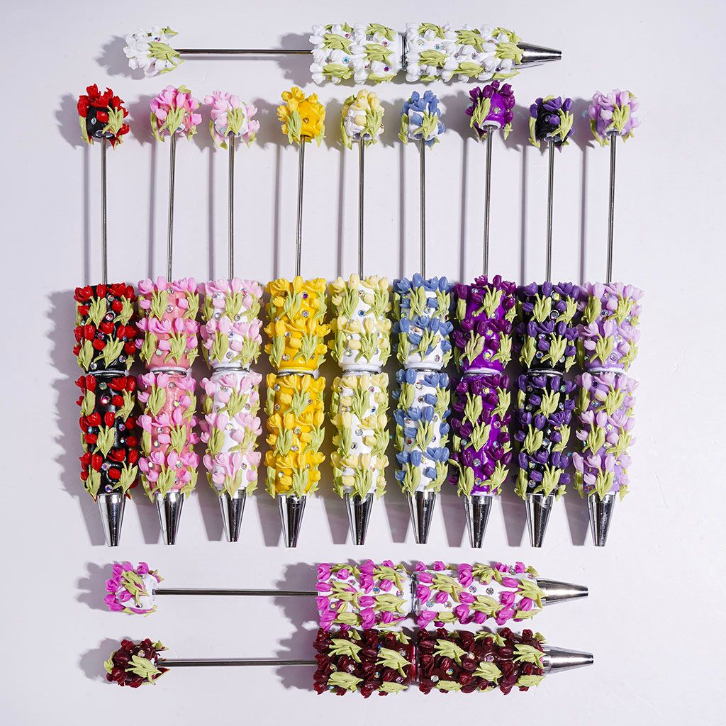 Beadable Clay Pens with Tulip Flower and Green Leaf, AB Rhinestones, Multicolor