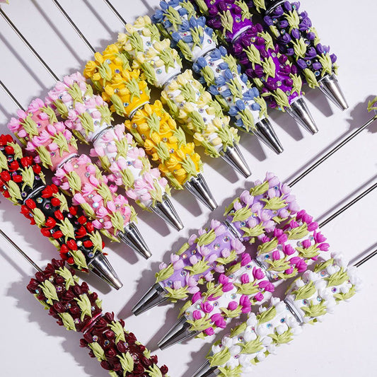 Tulip Flower Beadable Pens with Green Leaf and Sparkling AB Rhinestones, Multicolor