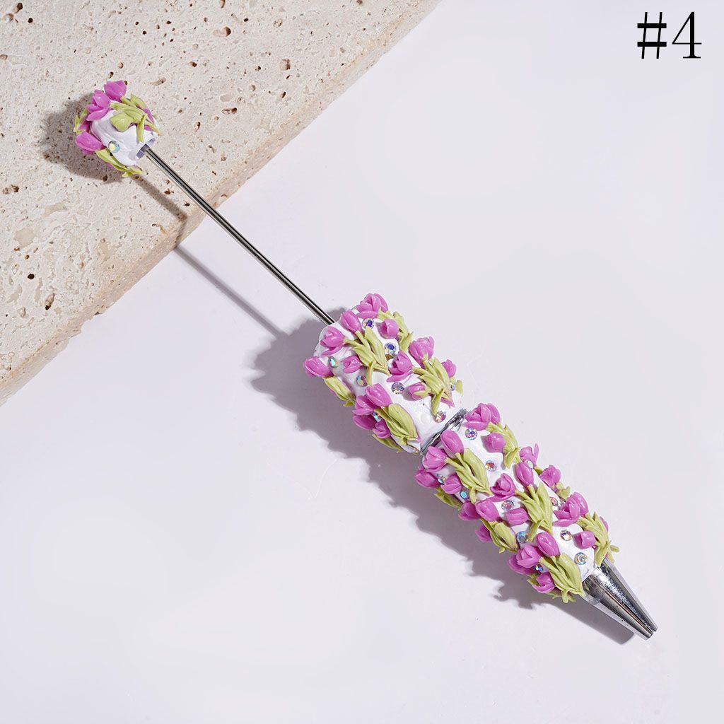Beadable Clay Pens with Tulip Flower and Green Leaf, AB Rhinestones, Multicolor