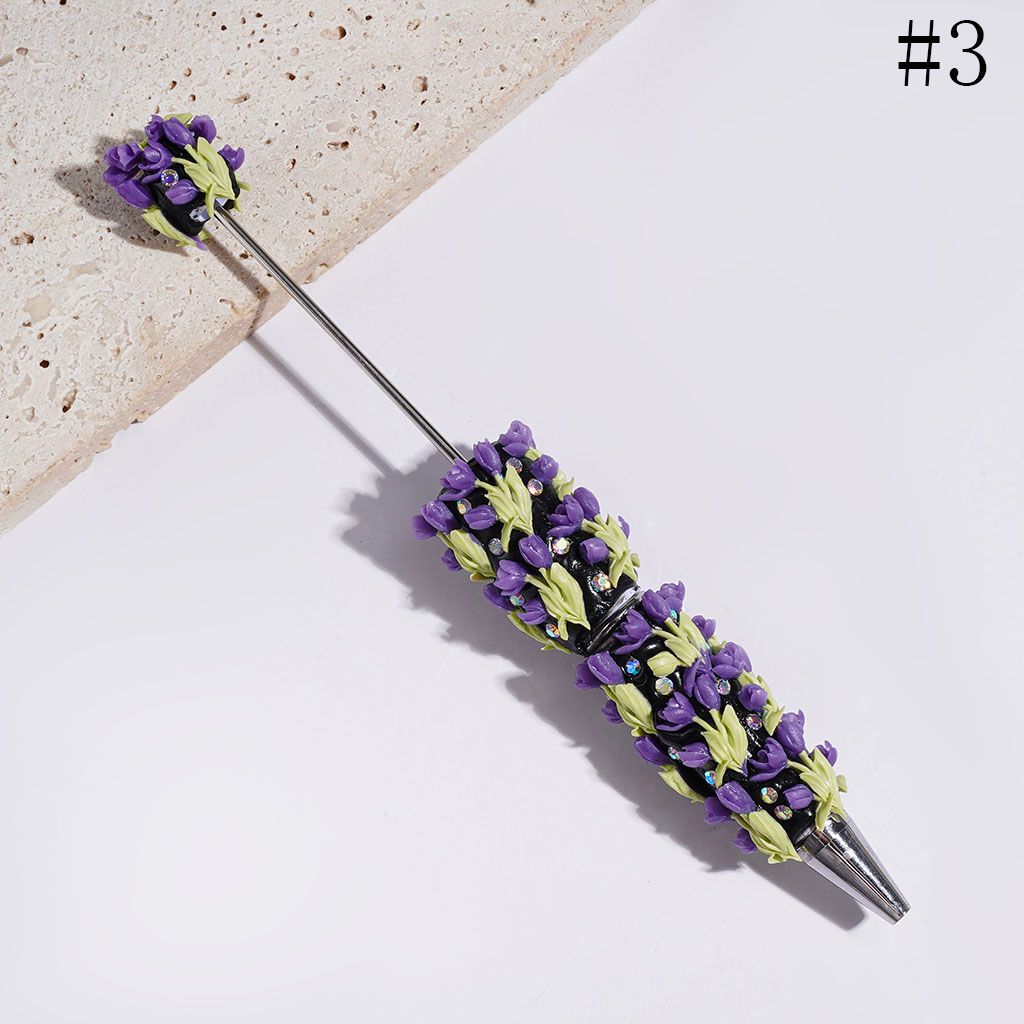 Beadable Clay Pens with Tulip Flower and Green Leaf, AB Rhinestones, Multicolor