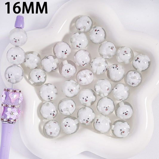 Semi Clear Cute White Dog and Glitter Inside Round Acrylic Beads for Bracelet 16mm