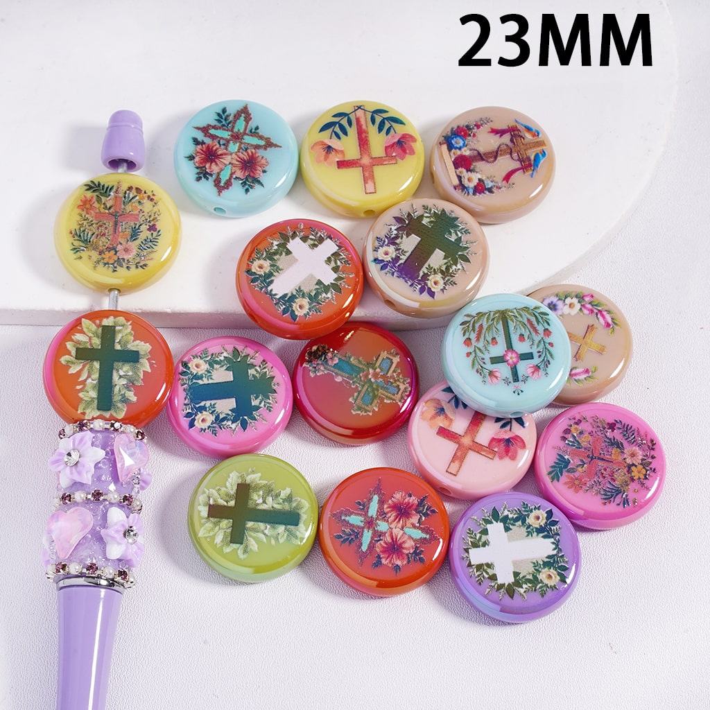 UV Coated Christian Christian Cross Series Prints, with Flowers Butterfly Bird, on Flat Round White Acrylic Beads 23MM Random Mix