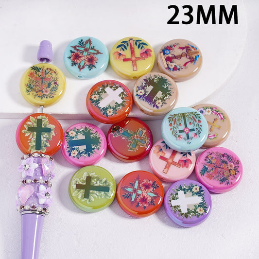 UV Coated Christian Christian Cross Series Prints, with Flowers Butterfly Bird, on Flat Round White Acrylic Beads 23MM Random Mix