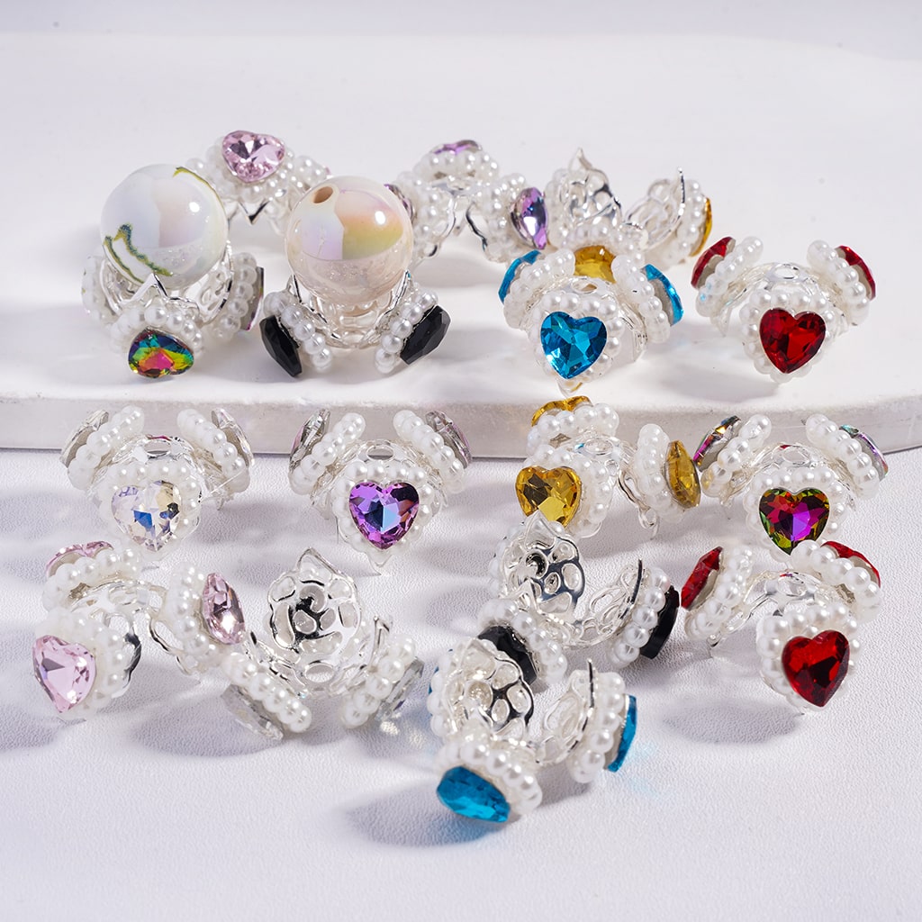 Multicolor Heart Metal Bead Cages with Pearl Chain & Silver Caps Fits for 16mm