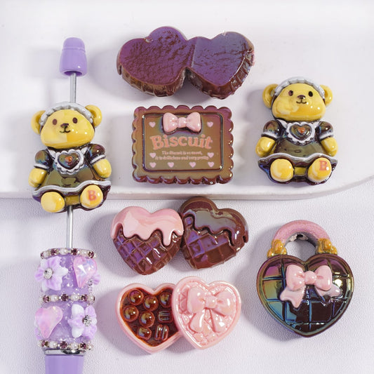 UV Coated Cute Yellow Bear in Skirt with Heart & Biscuit Shapes, Chocolate Series Acrylic Beads Random Mix