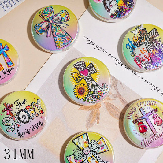 Colorful Religious & Floral Acrylic Beads with Cross, Butterfly & Flower Prints, 31mm
