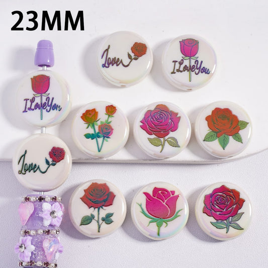 UV Coated “I Love You” Text and Red Rose Flowers Valentine’s Day White Flat Round Acrylic Beads 23MM Random Mix