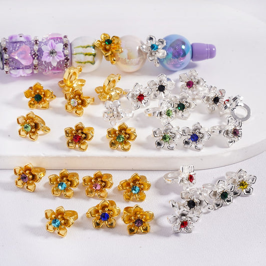 Gold & Silver Alloy Bail Beads with Colorful Rhinestone Five Petaled Flower Pendant Charm 12mm