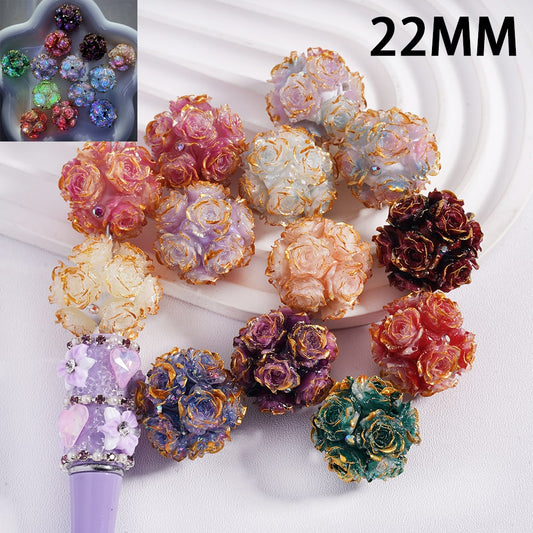 Luminous Gold Edge & Glitter Rose Flowers with Multi‑Color AB Rhinestones Round Clay Beads 22MM Random Mix