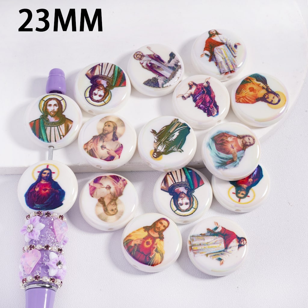 UV Coated Christian Jesus Series Prints Flat Round White Acrylic Beads Random Mix