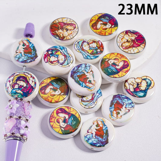 UV Coated Christian Mary Hugging Baby Prints on Flat Round White Acrylic Beads 23MM Random Mix