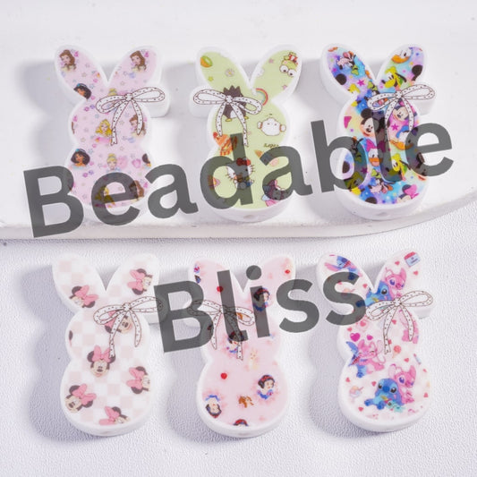 Silicone Focal Beads Flat Bunny Shape with Bowtie and Classic Animation Character Series, Random Mix