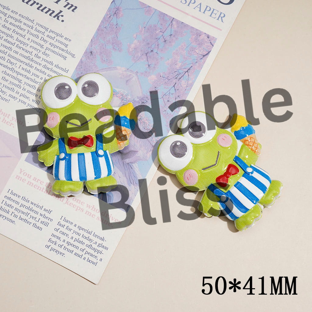 Cute Big-Eyed Frog Character with Red bow Holding yellow ice cream Raised Pattern Acrylic Beads, 50*41MM