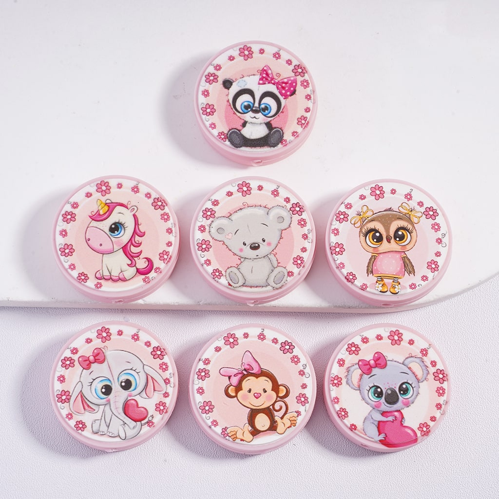 Cute Animal & Flower Patterns, Pink Series Flat Round Silicone Focal Beads Random Mix