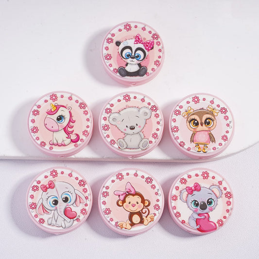 Cute Animal & Flower Patterns, Pink Series Flat Round Silicone Focal Beads Random Mix