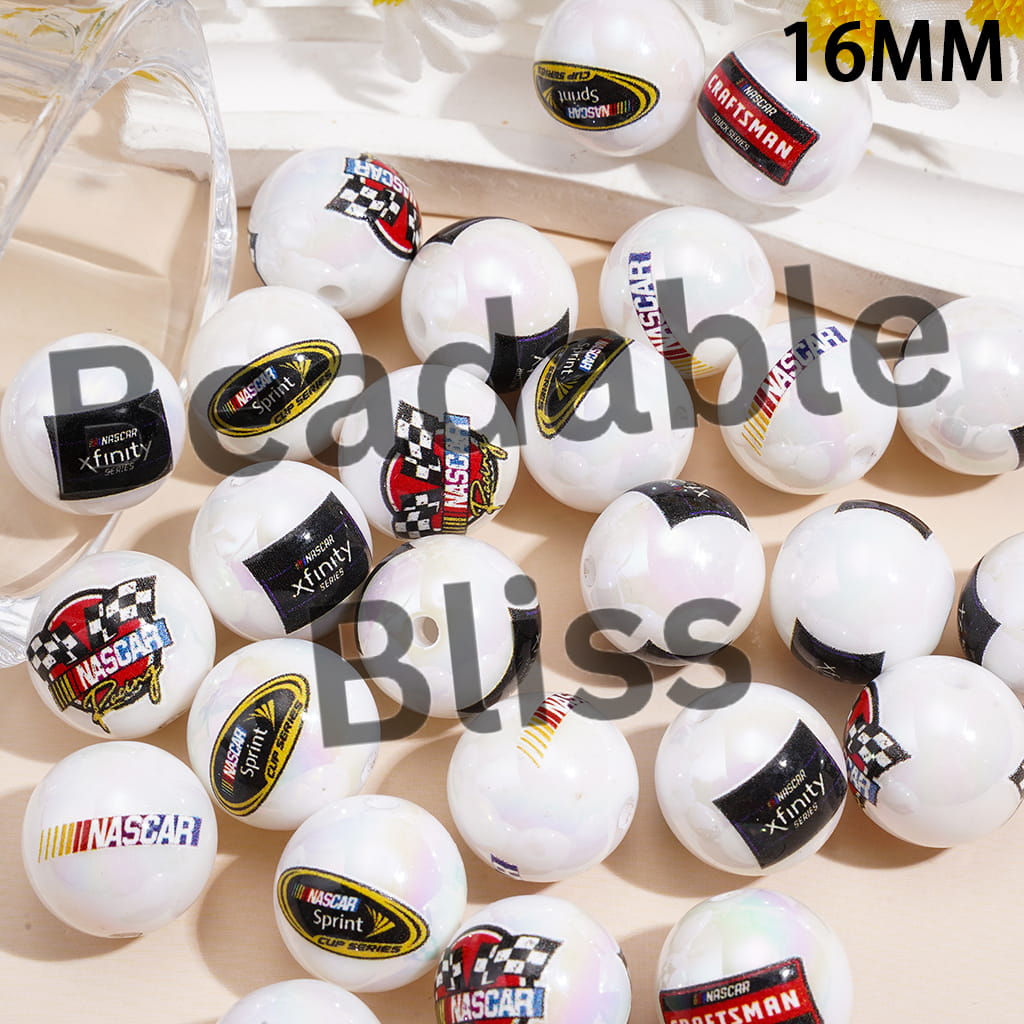 Acrylic Beads for Bracelets UV Coating w American Racing Sports Car Series, 16MM, Random Mix