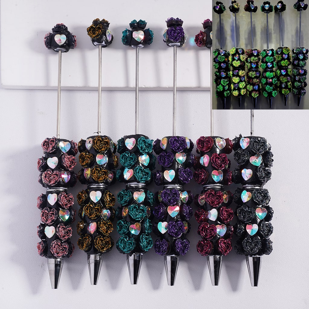 UV Coated Luminous Multi-Color Rose Flowers and Laser Iridescent Heart Rhinestones with Glitter, Beadable Clay Pens