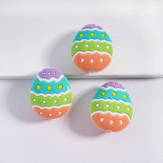 3D Colorful Easter Egg Yellow Floral & Stripes White Polka Dots Silicone Focal Beads