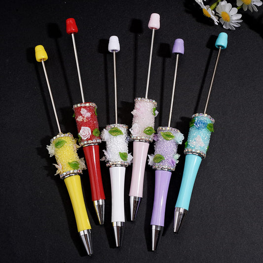 Hand-Made Shiny Flowers, Green Leaves and Butterfly Designs with AB Rhinestone Chain Beadable Sugar Pen, Multi-Color