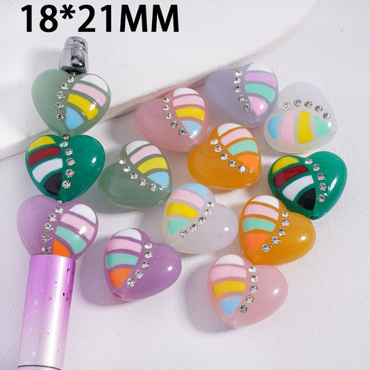 Colorful Stripes Heart with Clear Rhinestones Acrylic Beads 18*21MM, Random Mix