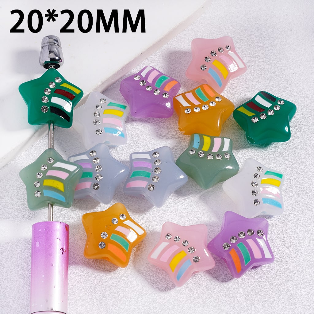 Colorful Stripes Five-Pointed Star with Clear Rhinestones Acrylic Beads 20*20MM, Random Mix