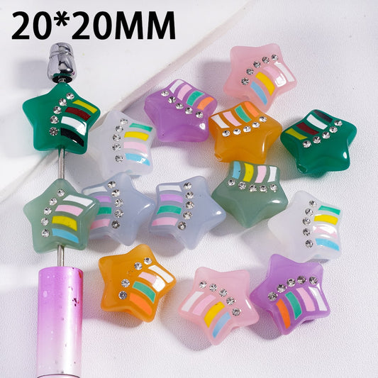 Colorful Stripes Five-Pointed Star with Clear Rhinestones Acrylic Beads 20*20MM, Random Mix