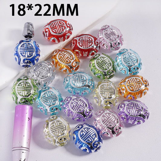 Colorful Semi-Transparent Acrylic Beads with Silver Lucky Floral Design, 18×22 mm, Random Mix