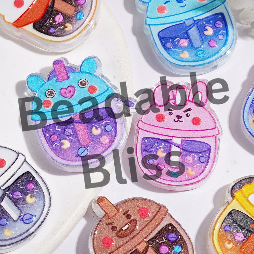 Korea Boy Group Image Milk Tea Cup Acrylic Beads, Space Style, Height 30MM, Random Mix
