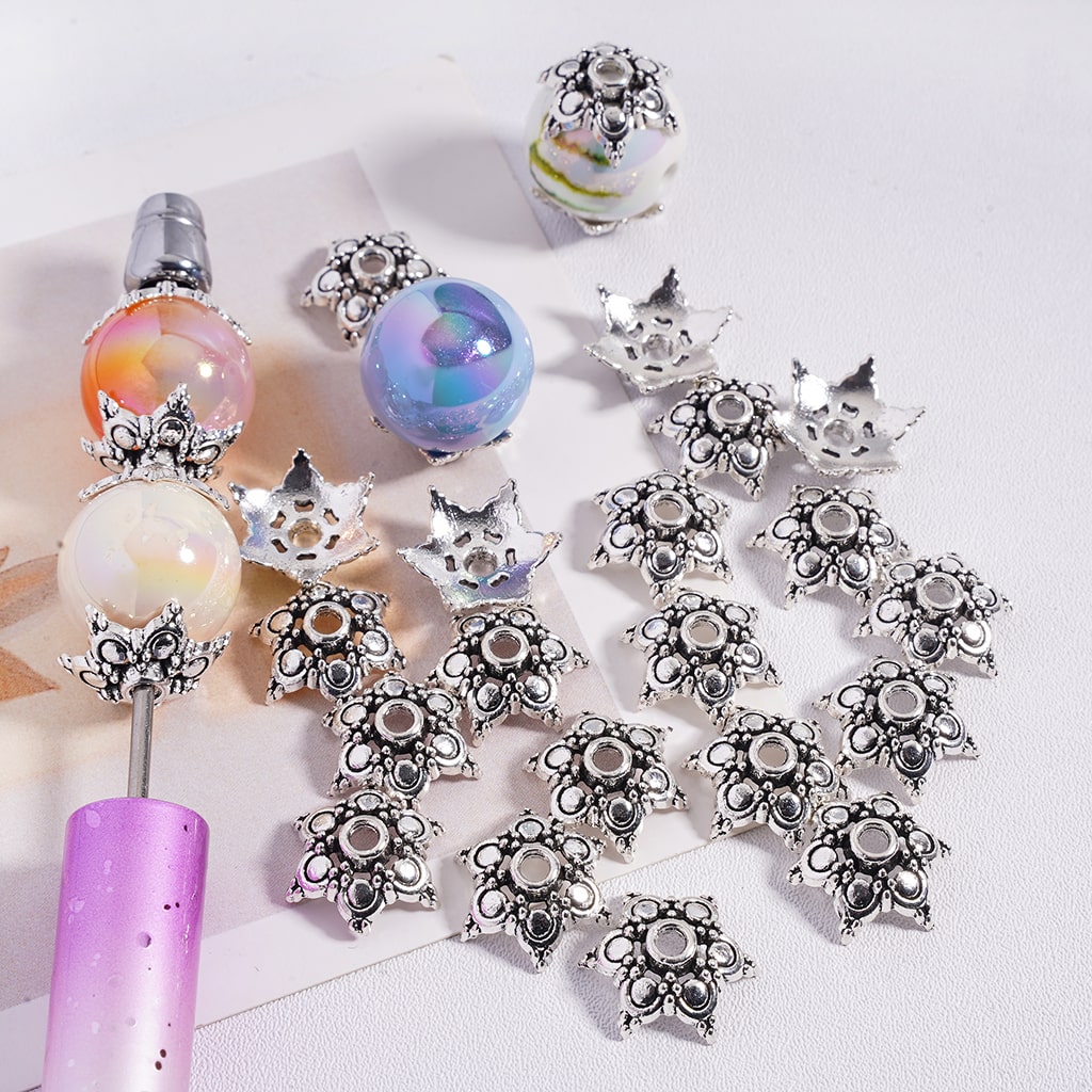 Gun Black Color Six Pointed Flower Bead Cages with Alloy Caps 15MM, (They Fit 16MM Beads)