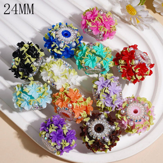 Elegant Iris Flower with Light Green Leaf, Sparkling AB Rhinestone, White Pearls & Pearl Chain Handmade Acrylic Beads, 24MM, Random Mix