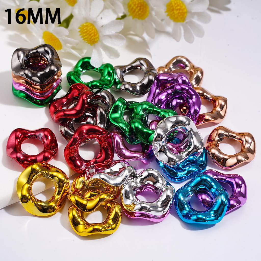 Glossy Metallic Wave-edged Hollow Design Acrylic Spacer Beads, 16MM, Multi-Color (The Hole Diameter is Around 6.5MM)