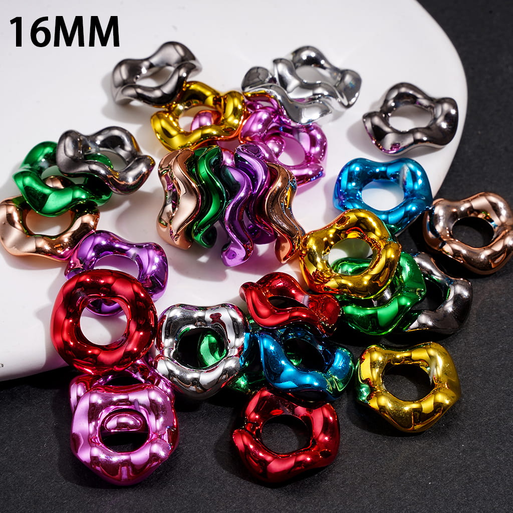 Glossy Metallic Wave-edged Hollow Design Acrylic Spacer Beads, 16MM, Multi-Color (The Hole Diameter is Around 6.5MM)