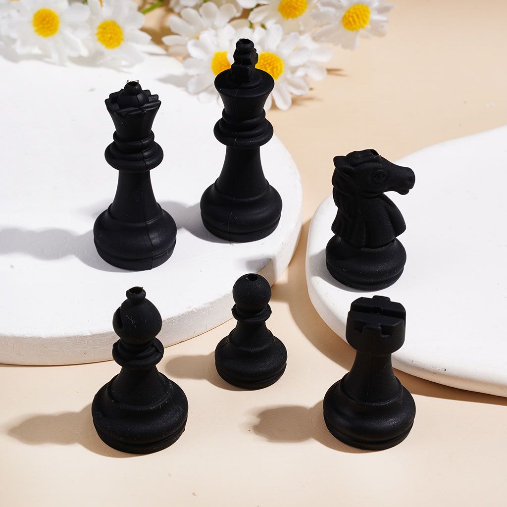 3D Classic Black Chess Piece King, Queen & More Silicone Focal Beads, Random Mix