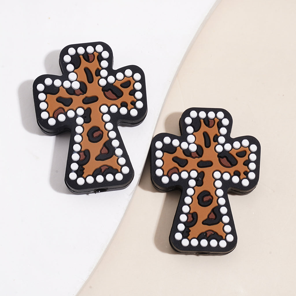 Cross Shape with Leopard Print Pattern, Variant Color Silicone Focal Beads