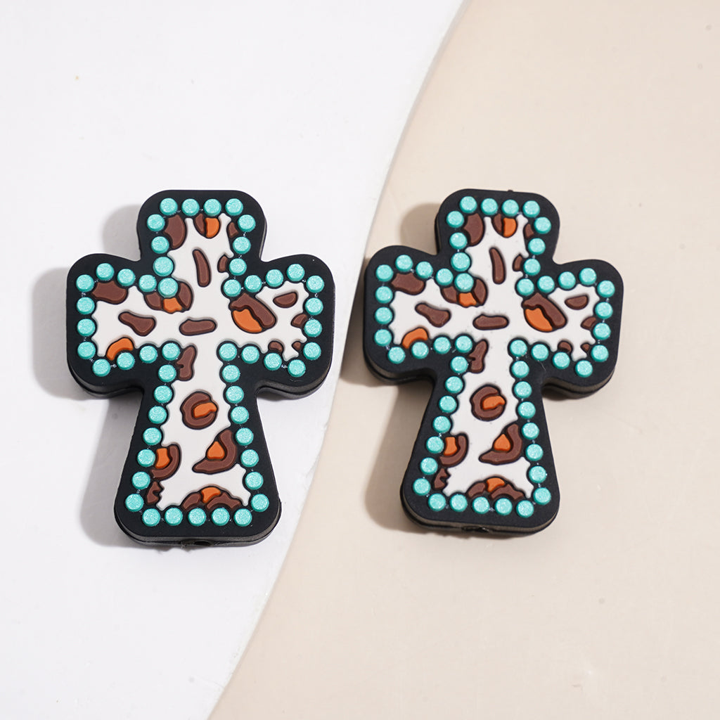 Cross Shape with Leopard Print Pattern, Variant Color Silicone Focal Beads