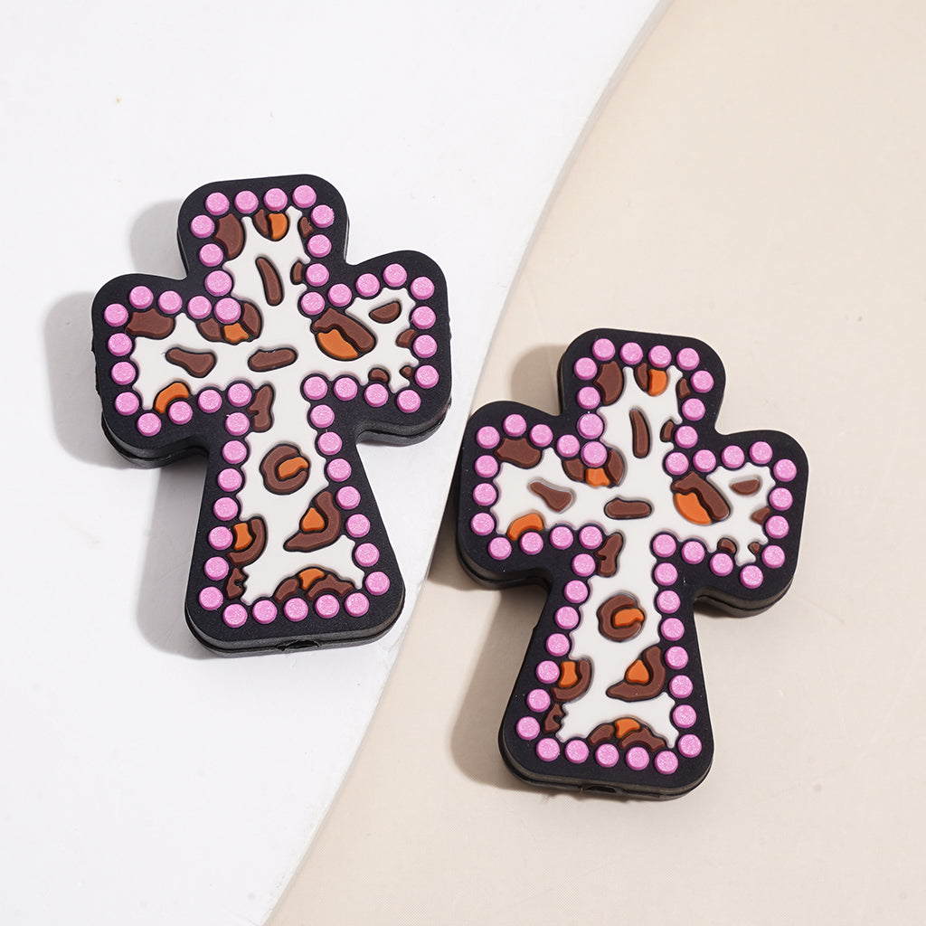 Cross Shape with Leopard Print Pattern, Variant Color Silicone Focal Beads