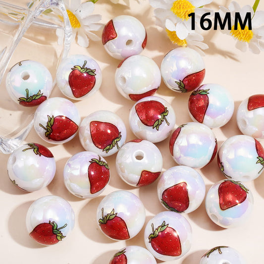 UV Coated Vibrant Red Strawberry with Green Leaves and Yellow Seeds Design Printed Round Acrylic Beads for Bracelets, 16MM, Random Mix