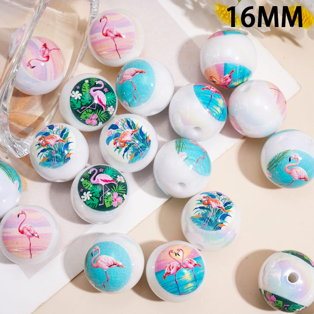 Tropical Pink Flamingo Bird with Sunset and Jungle Leaf Designs, Glossy UV-Coated Round Acrylic Beads for Bracelets, 16MM, Random Mix