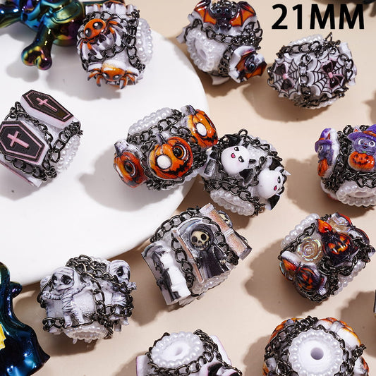 Creepy Horror Characters with White Pearl Loop, Gun Black Chain & White Base Halloween Theme Acrylic Beads 21MM, Random Mix