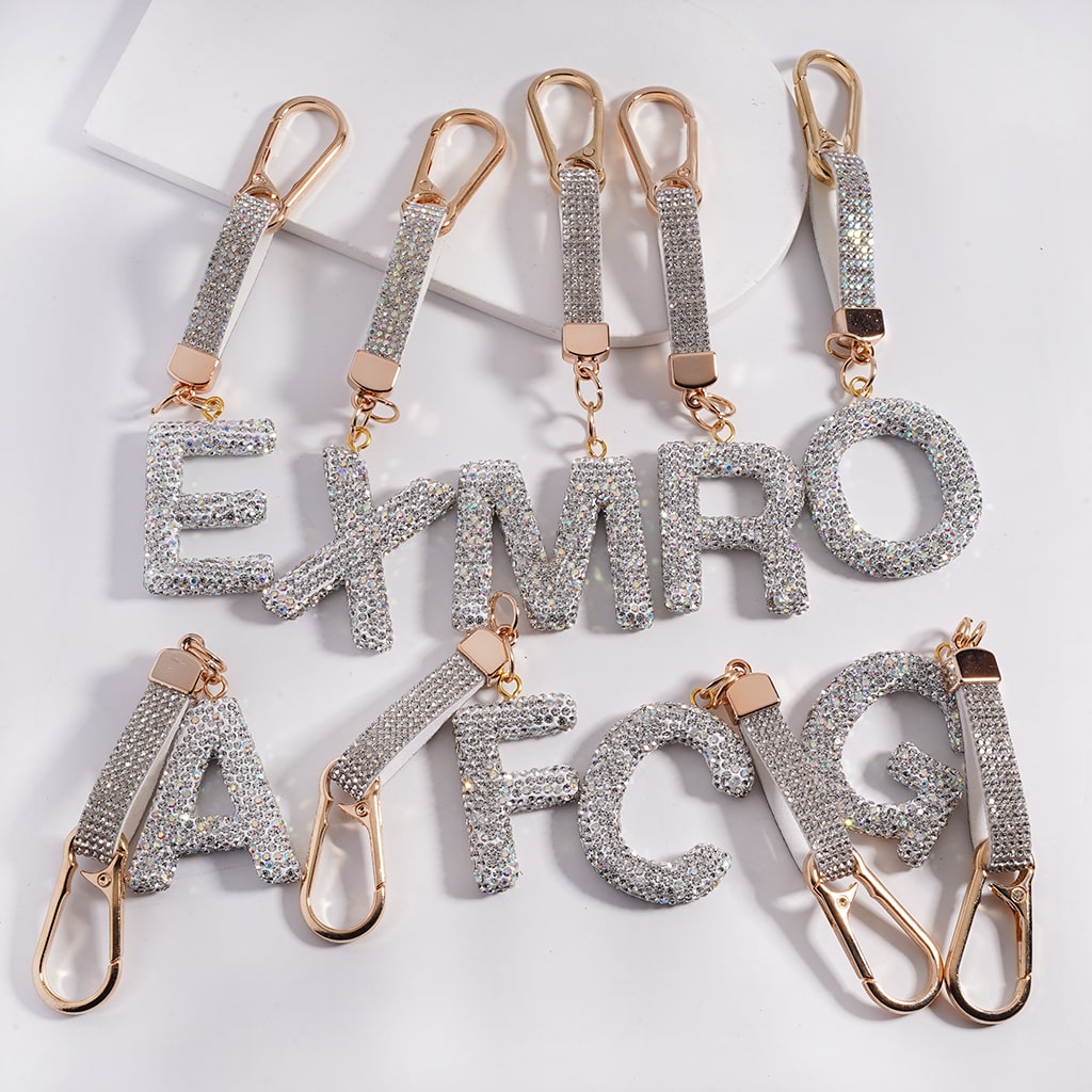 Lobster Clasp with Rhinestone Initial A-Z Letter with Rhinestone Tassel Closure Metal Keychain Clay Charm Pendant (Please Read Description)