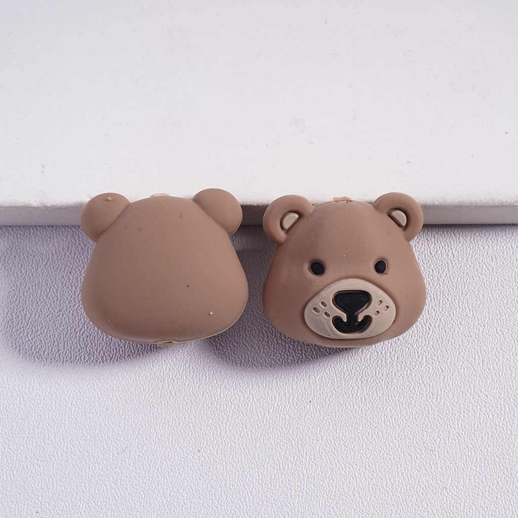 3D Cute Brown Teddy Bear Face Silicone Focal Bead