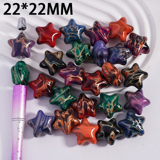 Water Marble Five-Pointed Star Shape Multi-Color Acrylic Beads 22*22MM, Random Mix
