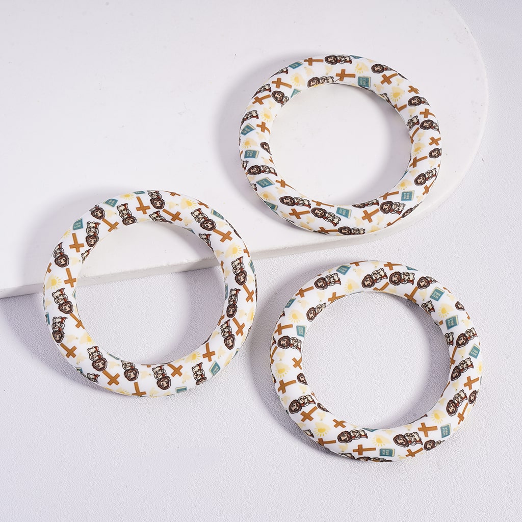 Jesus, Cross & Bible Prints Religious Theme with Round Ring Silicone Focal Beads 65MM
