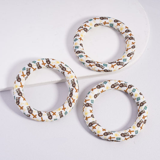 Jesus, Cross & Bible Prints Religious Theme with Round Ring Silicone Focal Beads 65MM