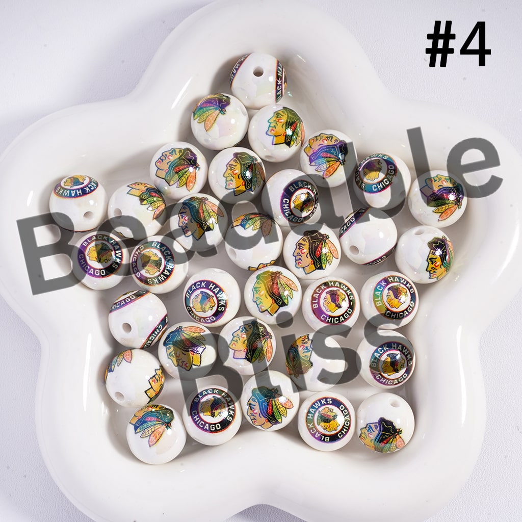 Acrylic Beads for Bracelets |  Round with UV Coating Ice Hockey Team Pattern, 16MM