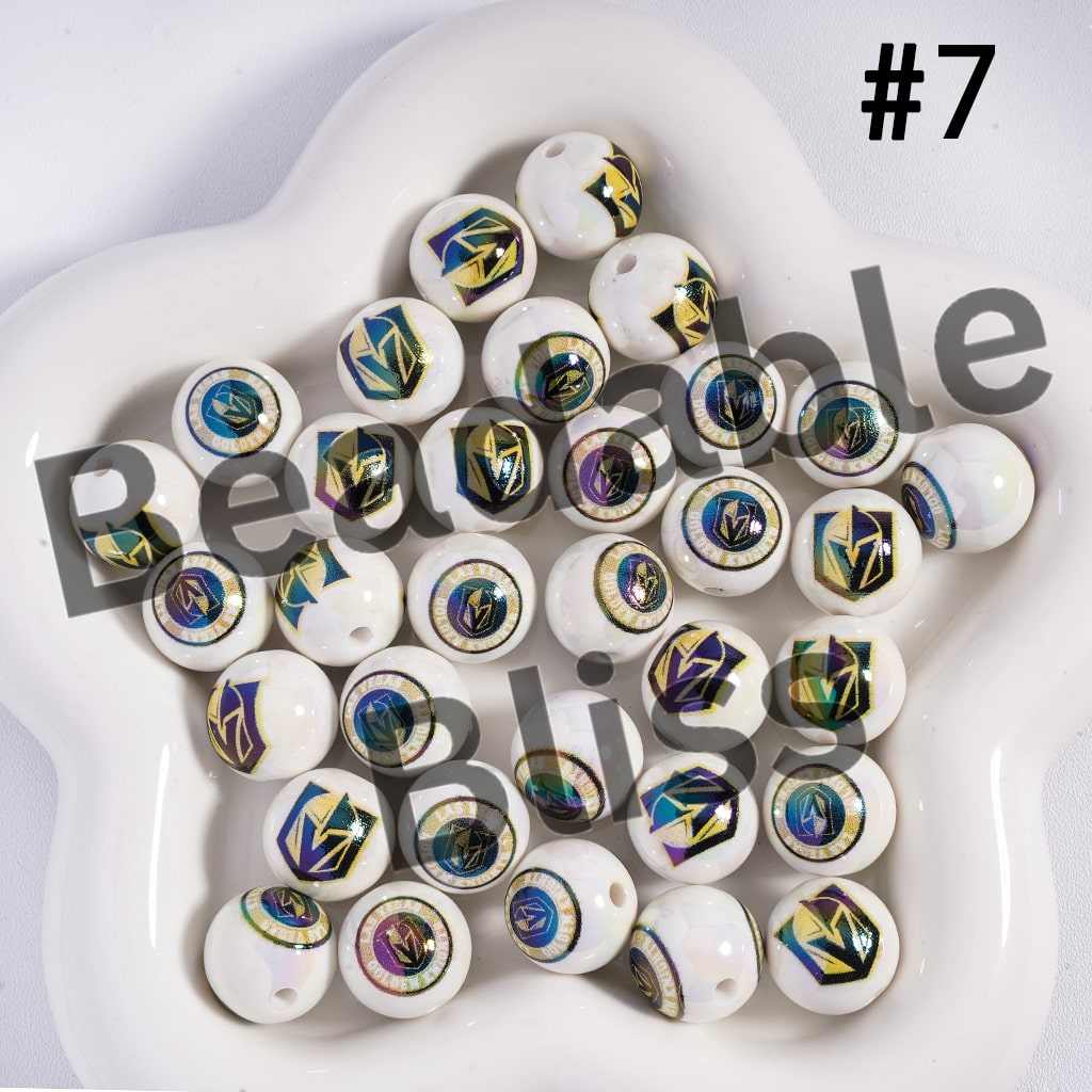 Acrylic Beads for Bracelets |  Round with UV Coating Ice Hockey Team Pattern, 16MM